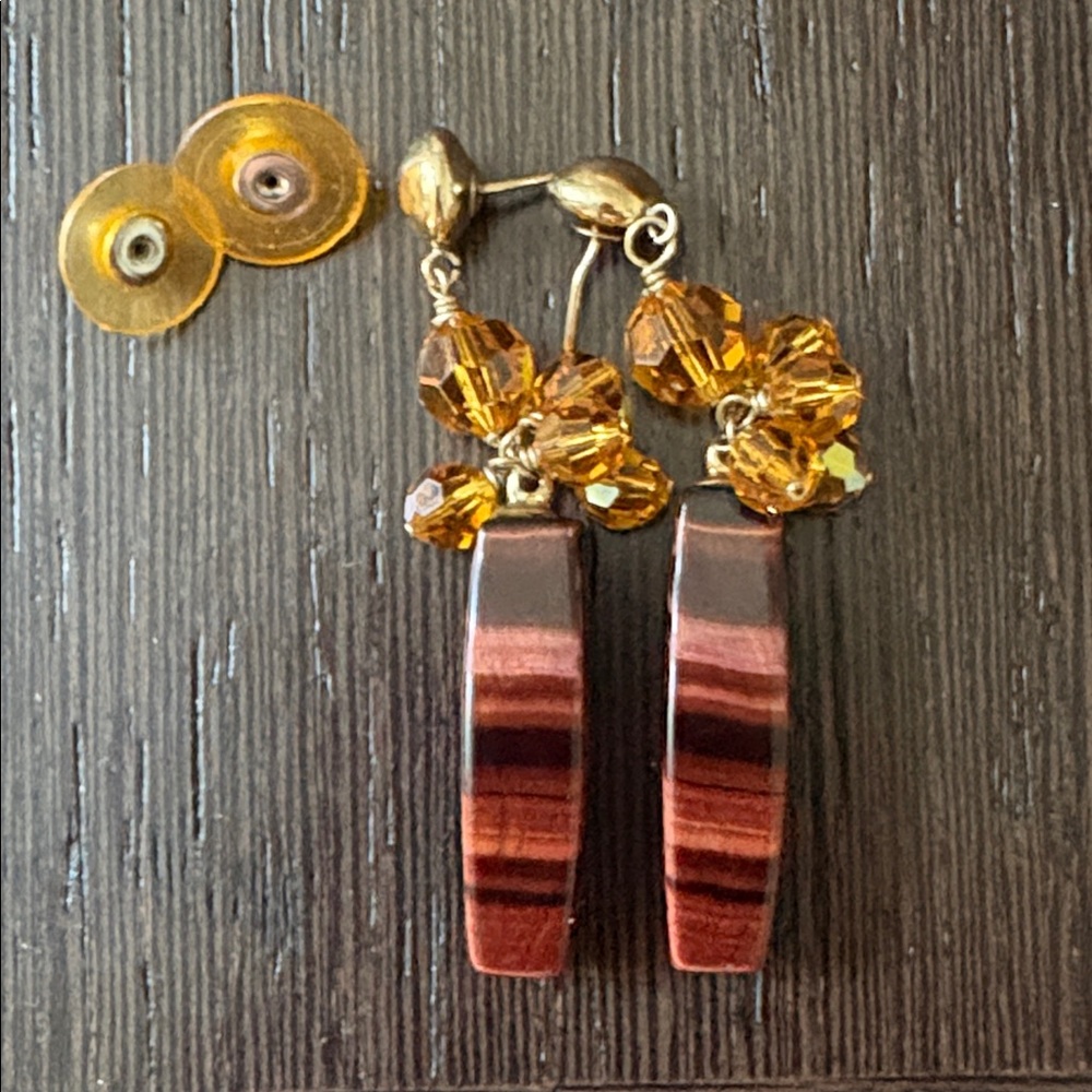 Vintage Handmade 14 K GF Gold and Brown Tiger Eye and Crystal Beaded Earrings - Picture 3 of 10